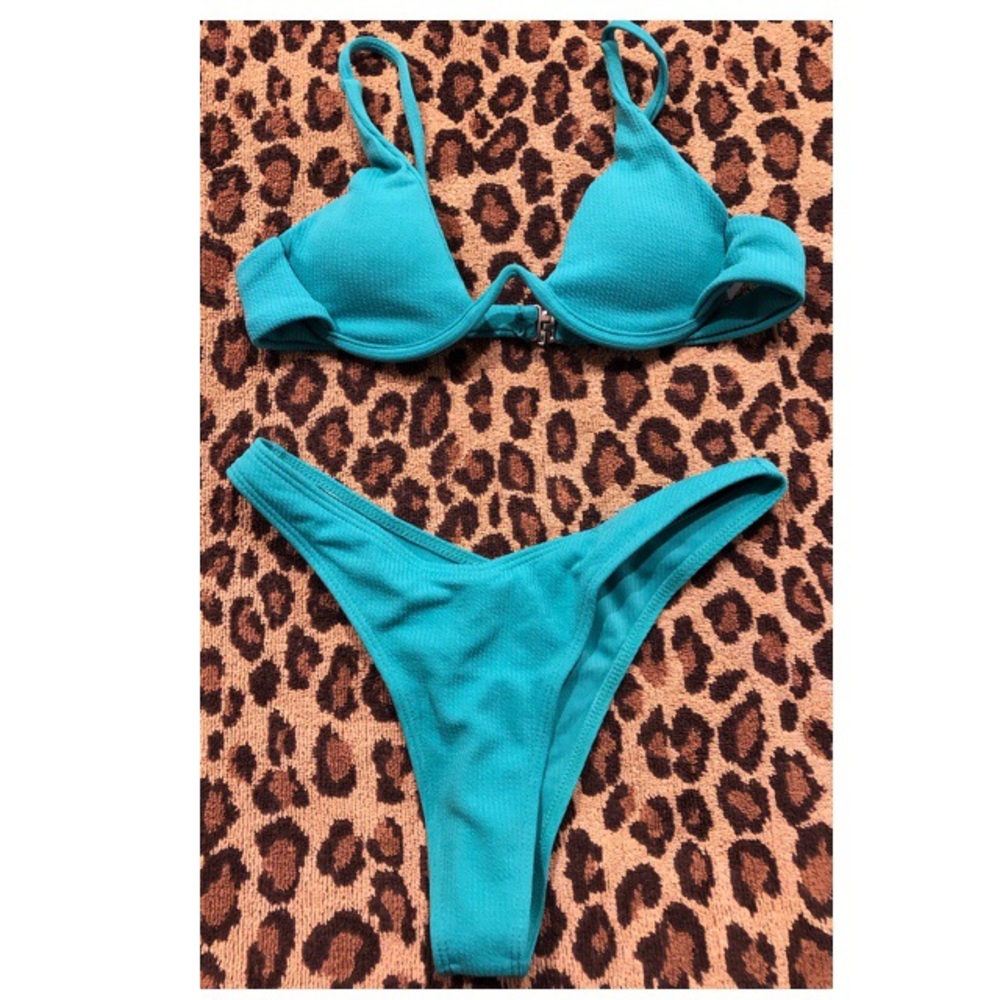 Teal/green polyester spandex fabric two piece high waist bikini, size small/4.